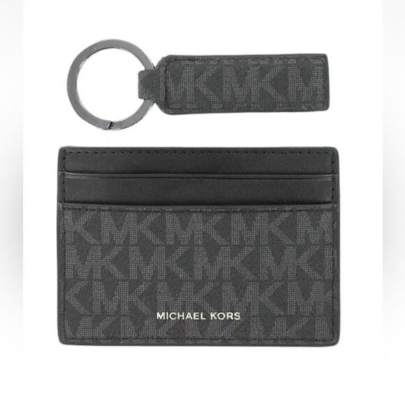 Michael Kors Leather Gray Men's Logo Card Case & Keychain Set - Picture 1 of 8